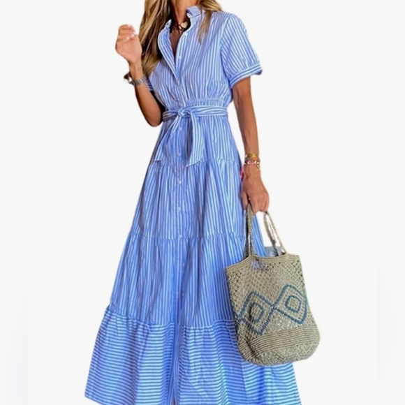 The Unbranded Brand Dresses & Skirts - Flowy Blue & White Long Women's Casual Striped Dress M/L